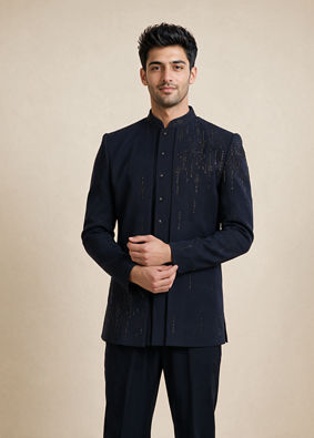 Manyavar Men Blue Blended Rayon Indo Western Suit