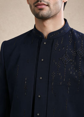 Manyavar Men Blue Blended Rayon Indo Western Suit