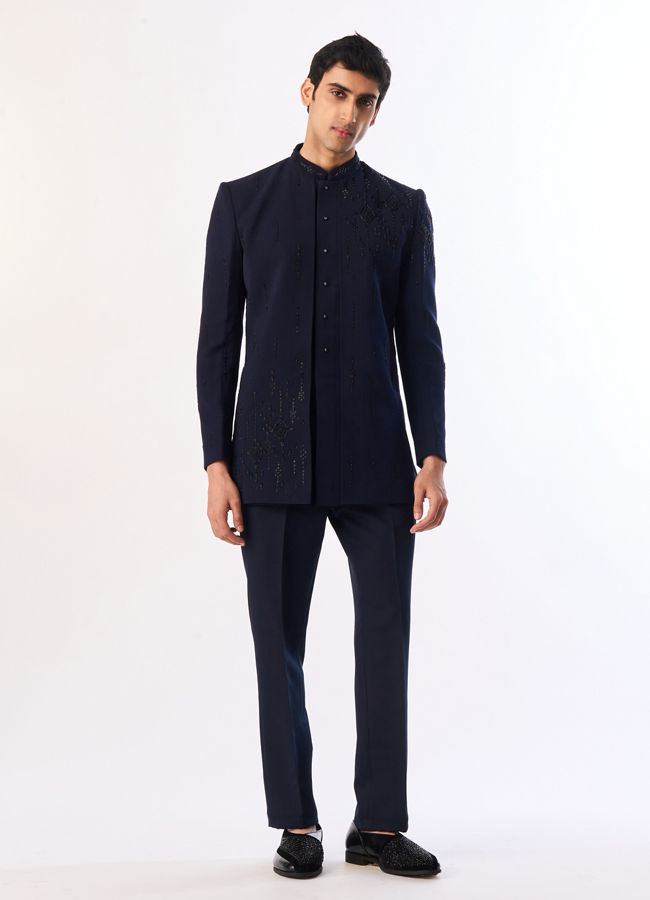 Manyavar Men Blue Blended Rayon Indo Western Suit