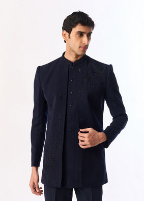 Manyavar Men Blue Blended Rayon Indo Western Suit