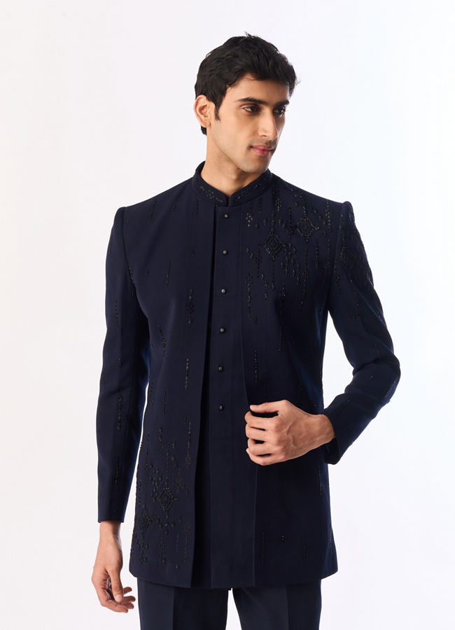Manyavar Men Blue Blended Rayon Indo Western Suit