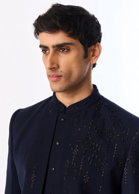 Manyavar Men Blue Blended Rayon Indo Western Suit