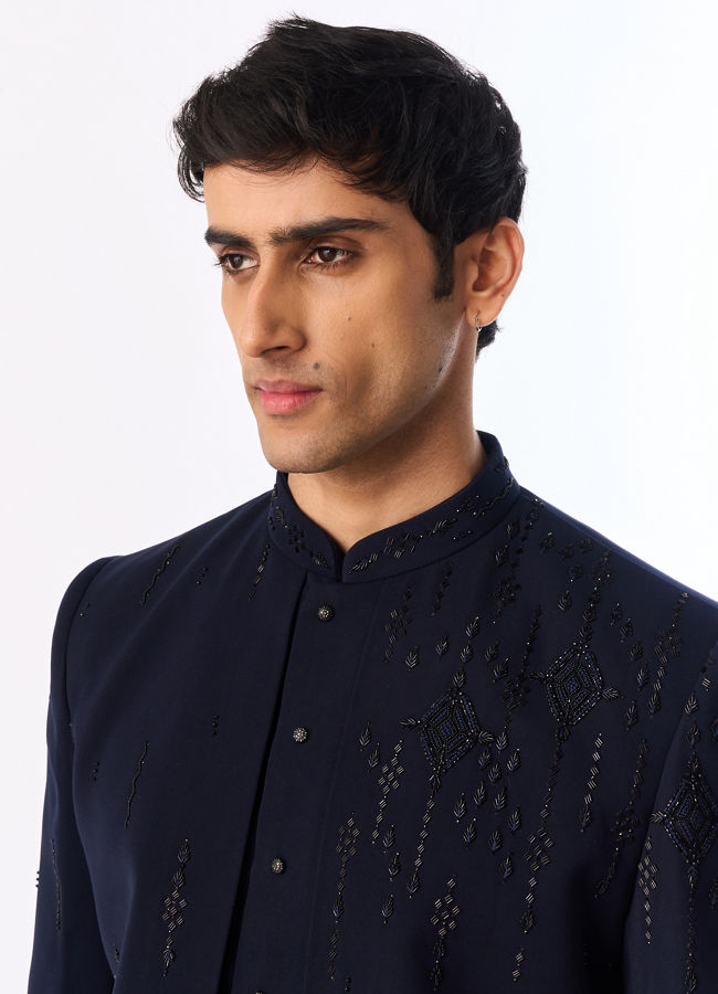 Manyavar Men Blue Blended Rayon Indo Western Suit