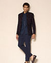 Manyavar Men Dark Blue Velvet Jodhpuri Suit with Embroidery