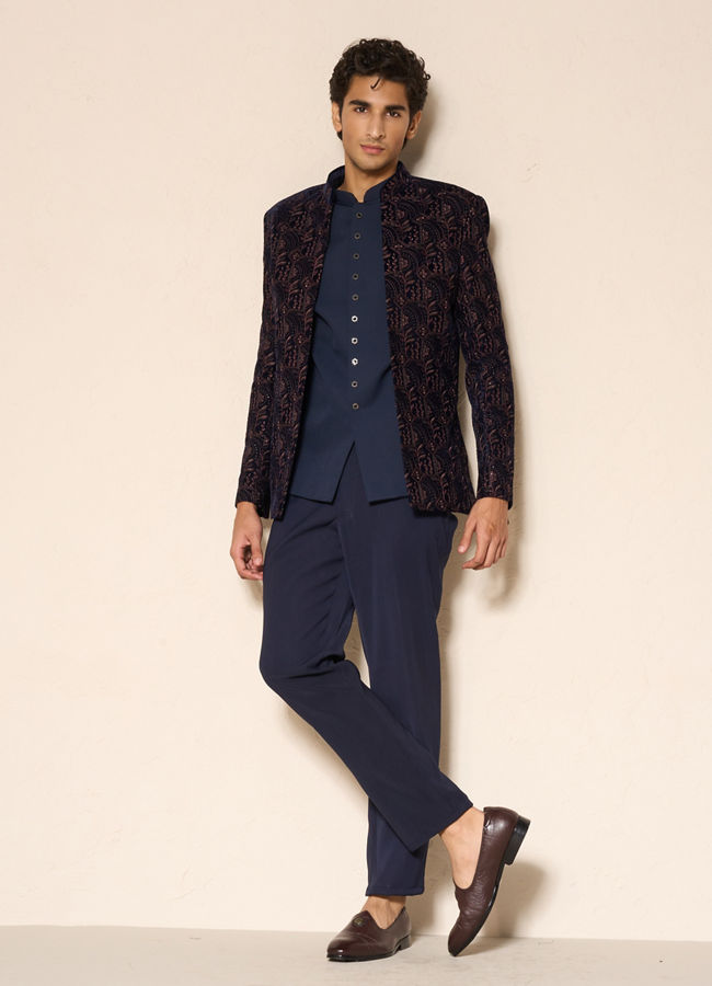 Manyavar Men Dark Blue Velvet Jodhpuri Suit with Embroidery
