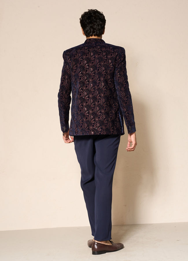 Manyavar Men Dark Blue Velvet Jodhpuri Suit with Embroidery