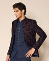 Manyavar Men Dark Blue Velvet Jodhpuri Suit with Embroidery