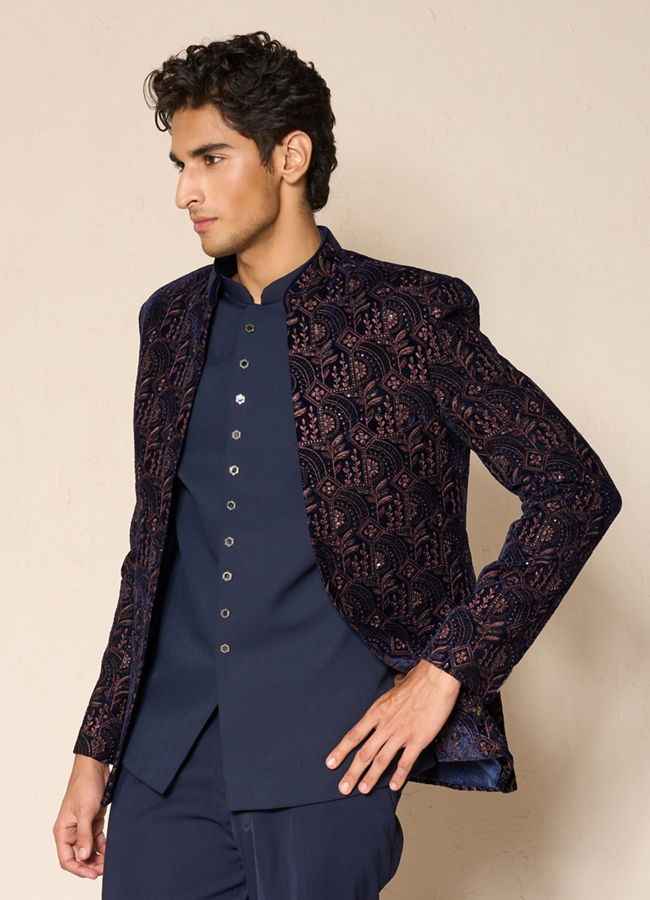 Manyavar Men Dark Blue Velvet Jodhpuri Suit with Embroidery