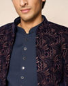 Manyavar Men Dark Blue Velvet Jodhpuri Suit with Embroidery