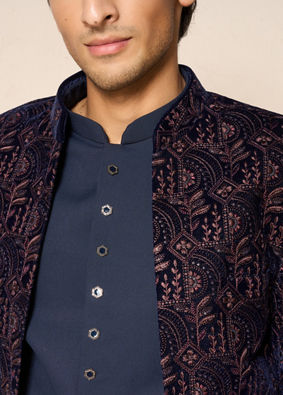 Manyavar Men Dark Blue Velvet Jodhpuri Suit with Embroidery