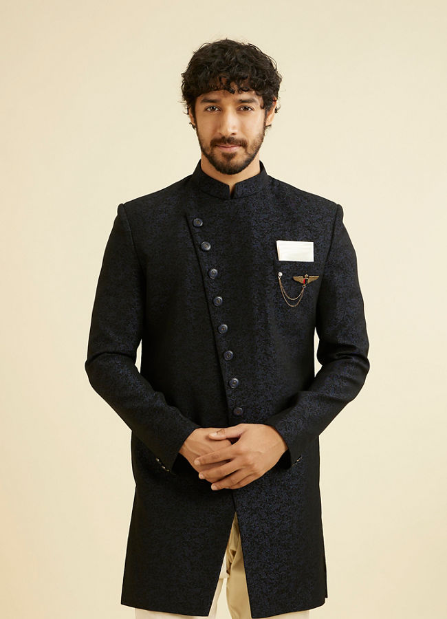 alt message - Manyavar Men Trendy Textured Blue Indo Western Set image number 0