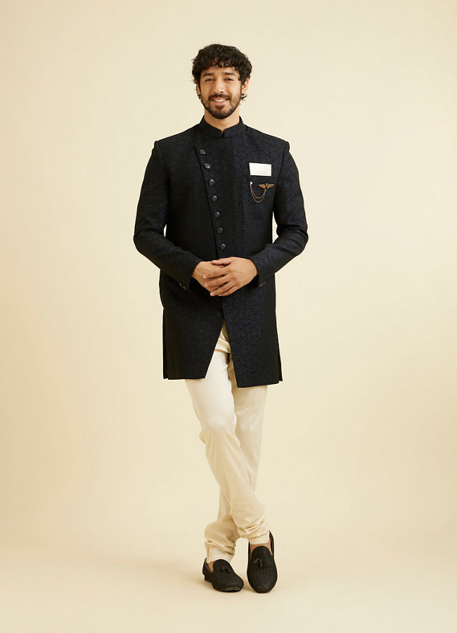 alt message - Manyavar Men Trendy Textured Blue Indo Western Set image number 2