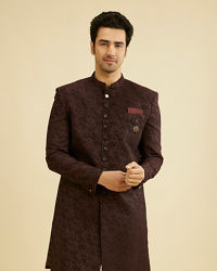 Manyavar Men Wine Red Achkan Style Indo Western Set