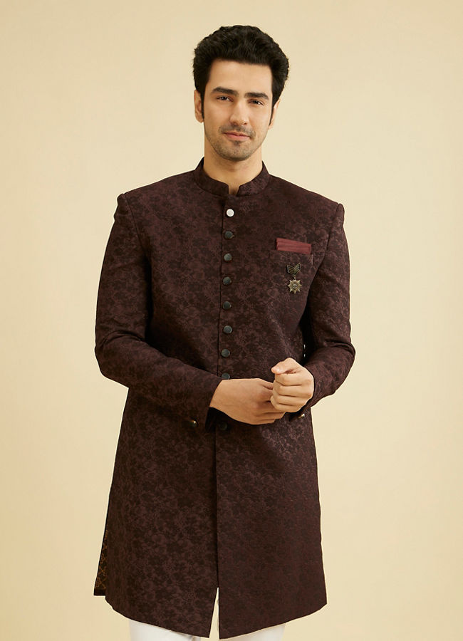 alt message - Manyavar Men Wine Red Achkan Style Indo Western Set image number 0