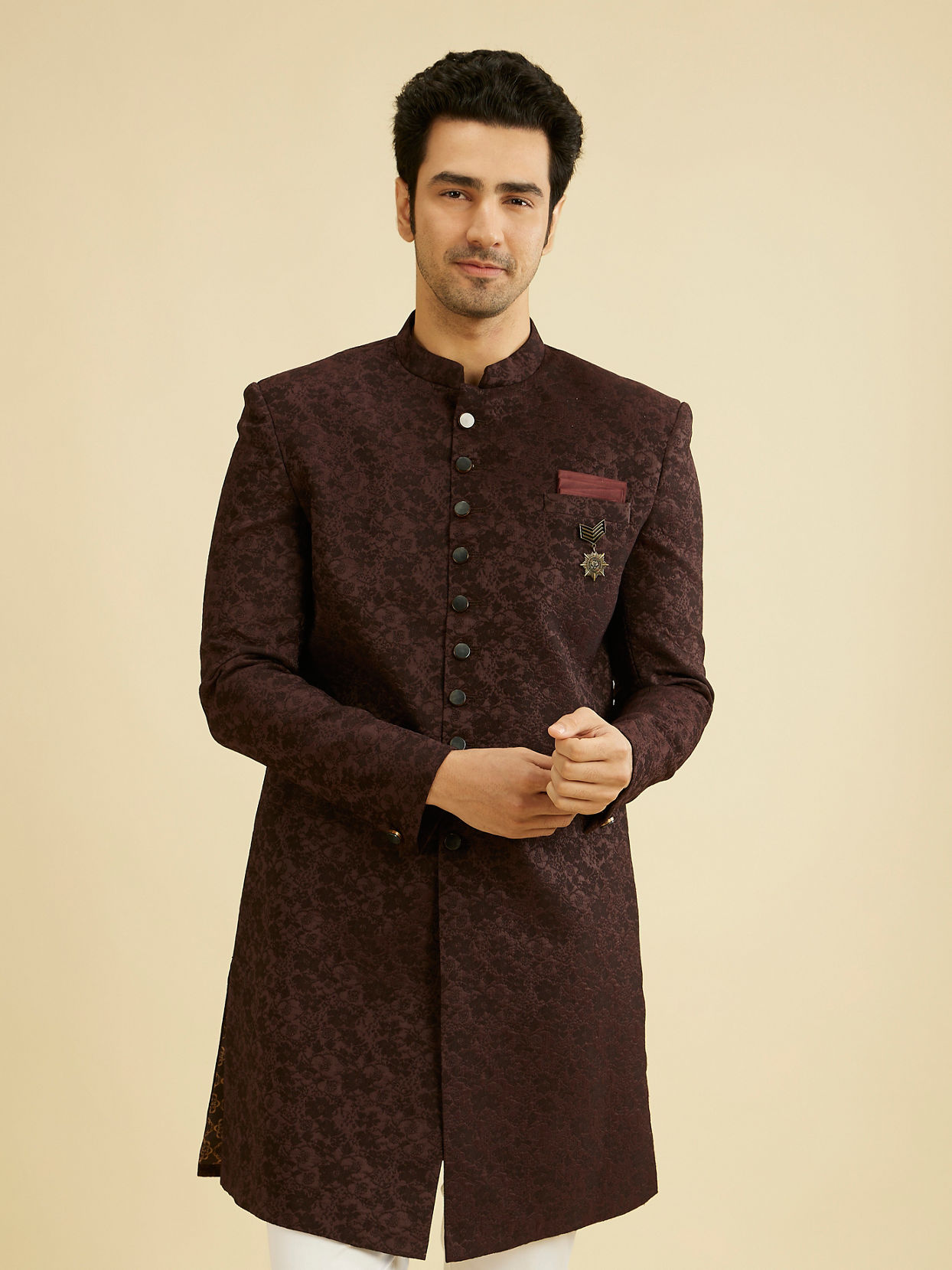 alt message - Manyavar Men Wine Red Achkan Style Indo Western Set image number 0