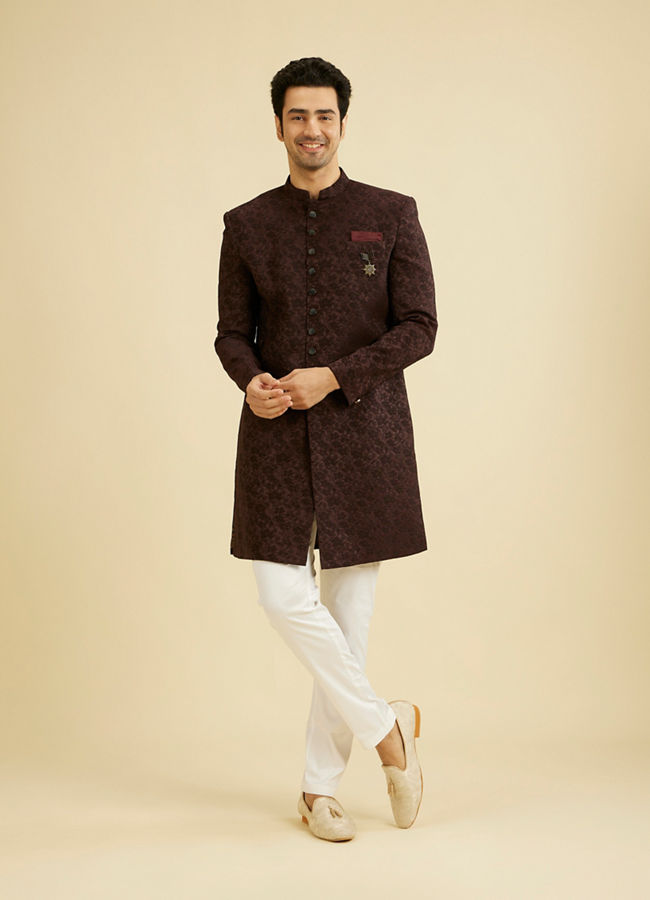 Manyavar Men Wine Red Achkan Style Indo Western Set