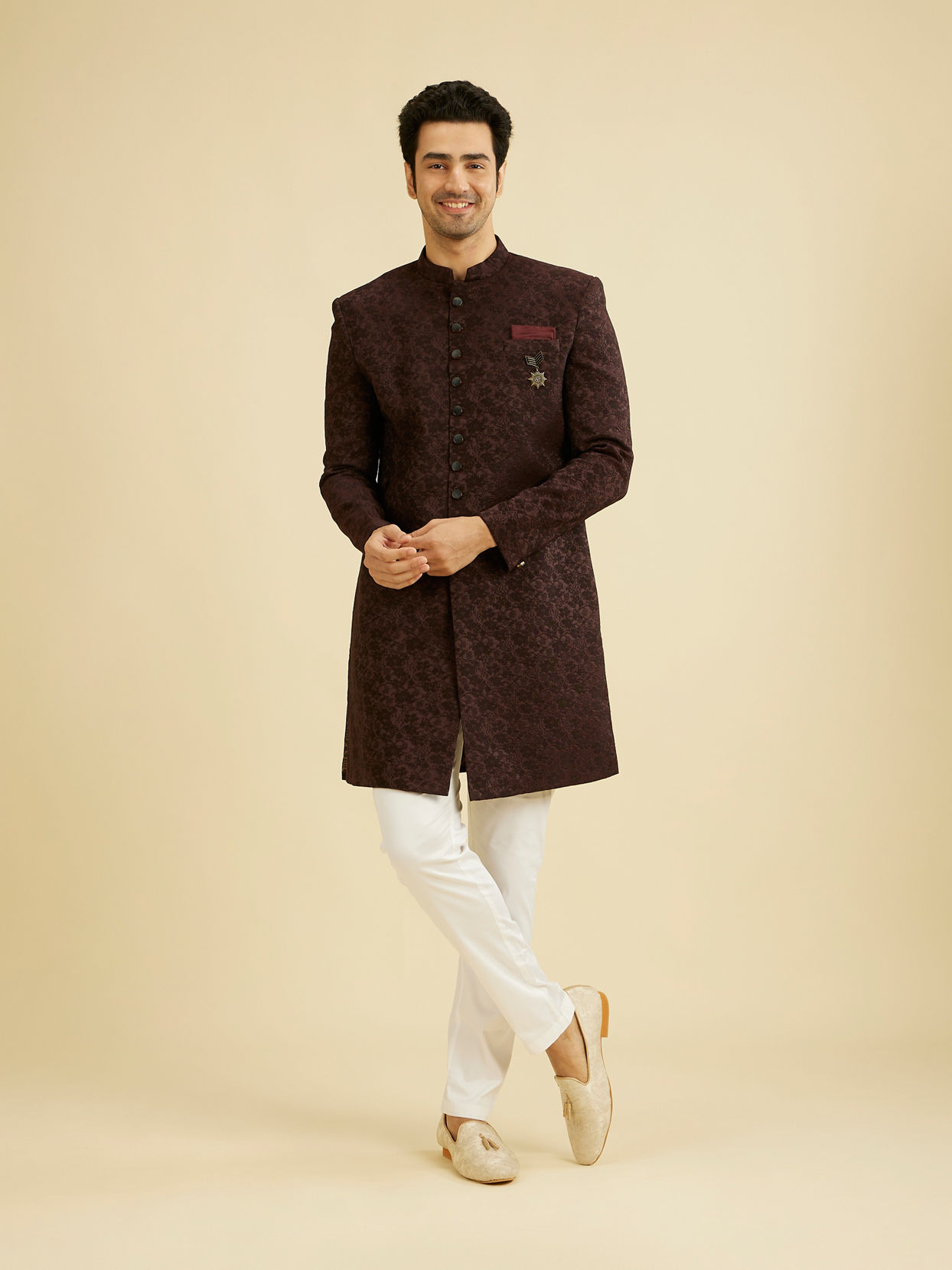 alt message - Manyavar Men Wine Red Achkan Style Indo Western Set image number 2