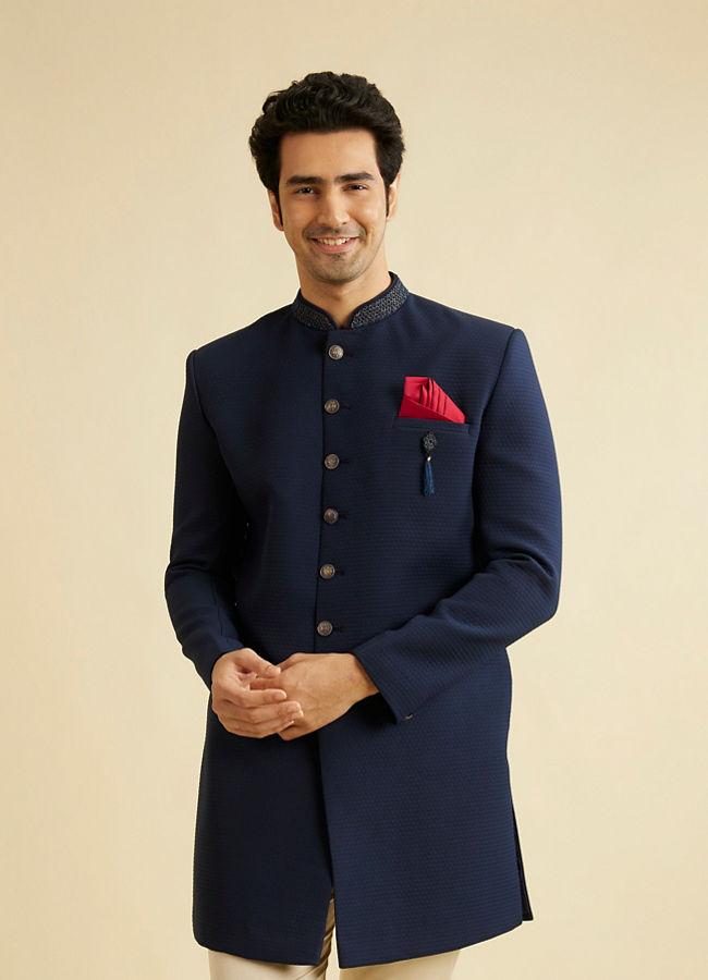 Manyavar Men Sober Blue Indo Western