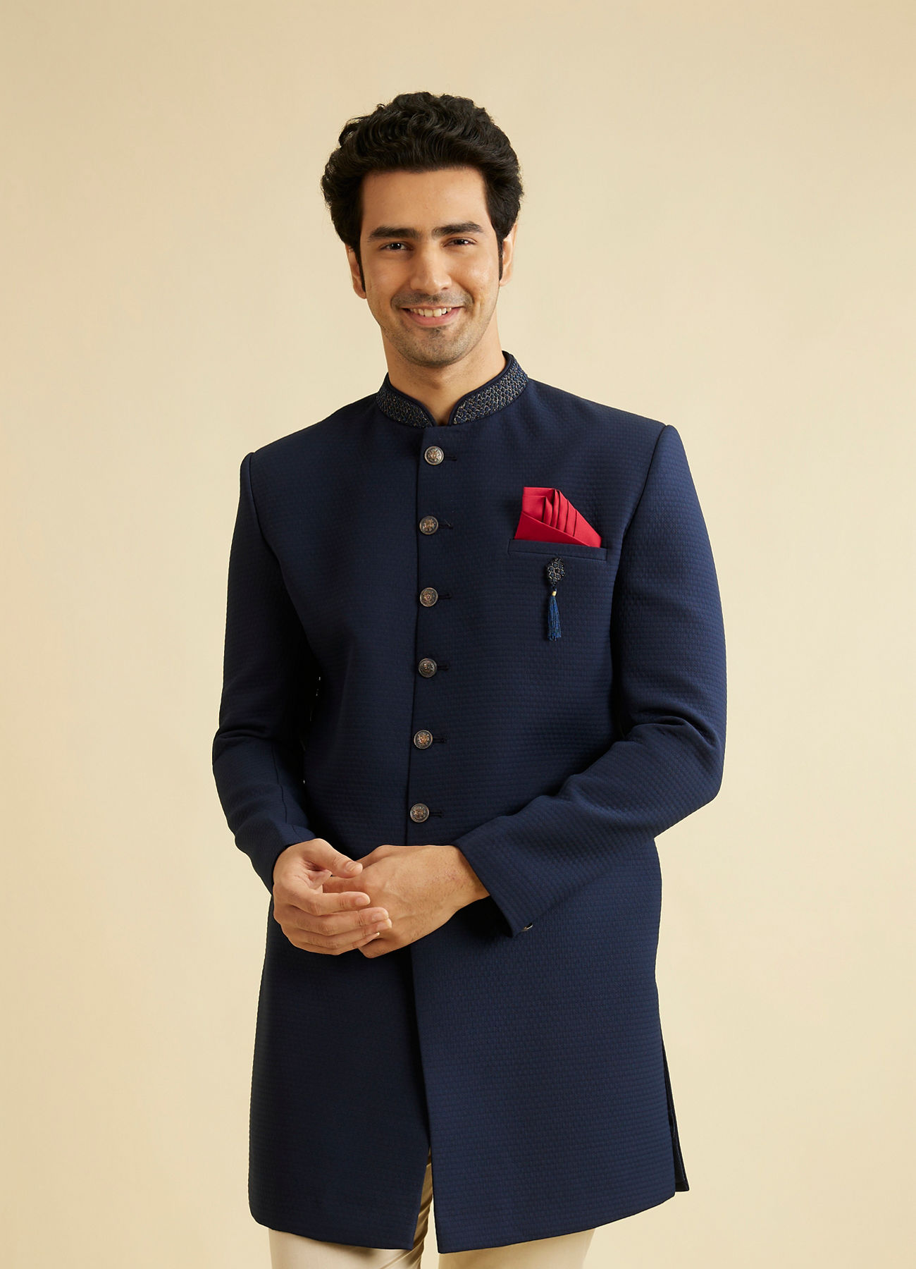 Manyavar Men Sober Blue Indo Western