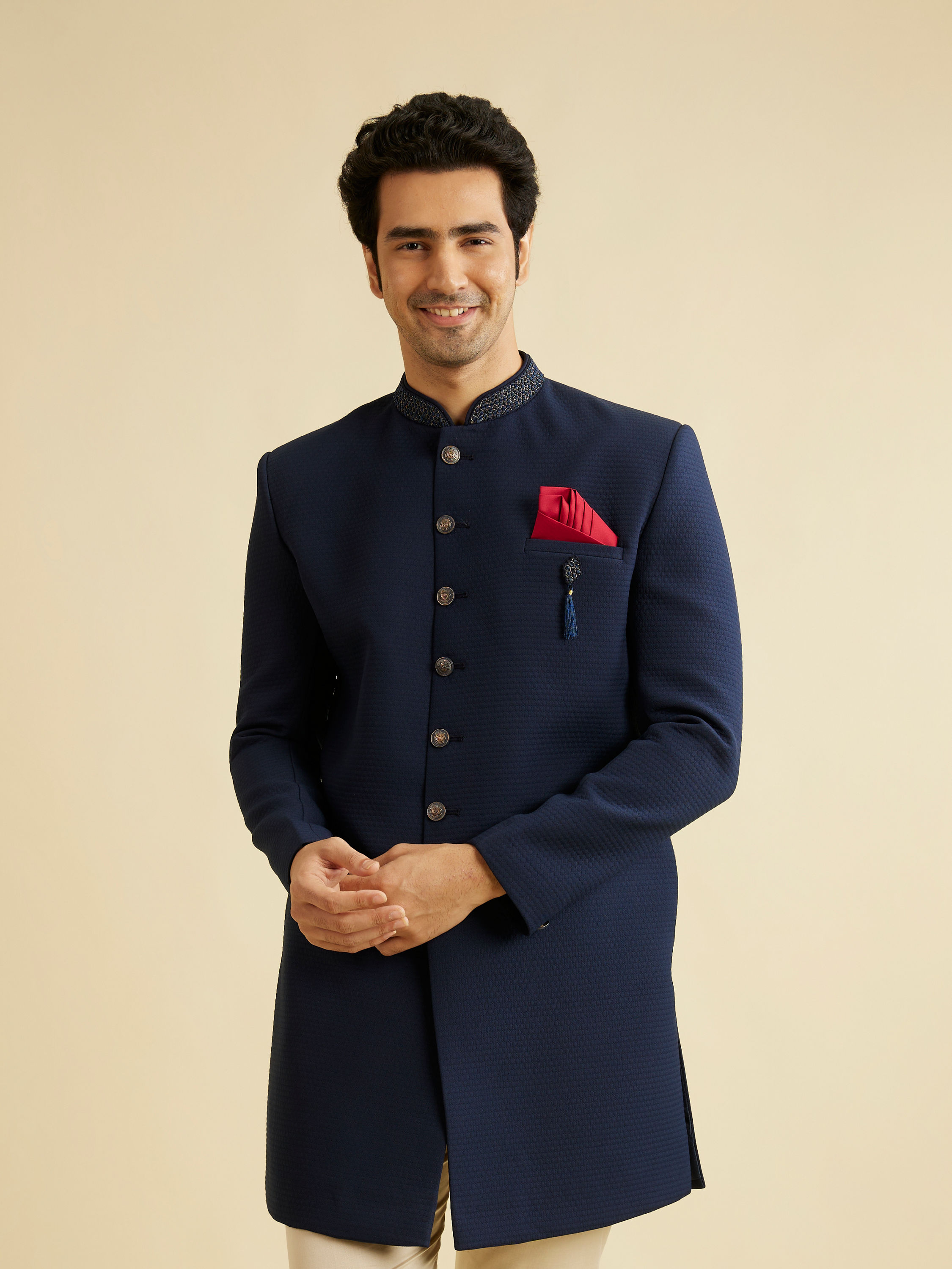 Manyavar Men Sober Blue Indo Western