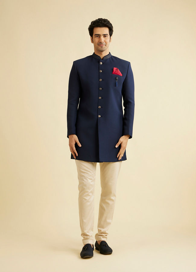 Manyavar Men Sober Blue Indo Western