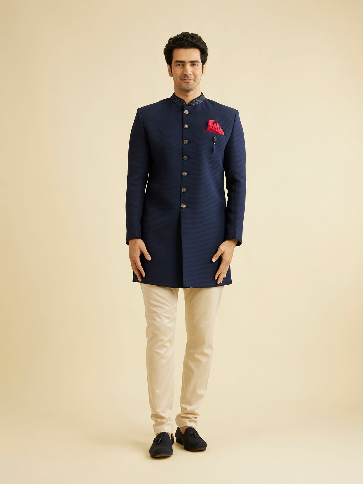 Manyavar Men Sober Blue Indo Western