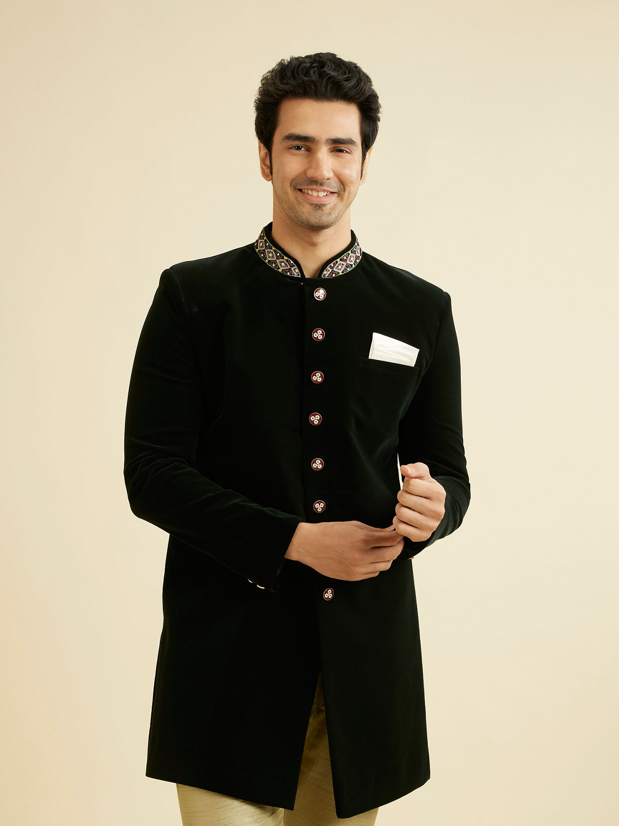 Manyavar Men Bottle Green Velvet Indo Western