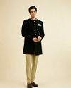 Manyavar Men Bottle Green Velvet Indo Western