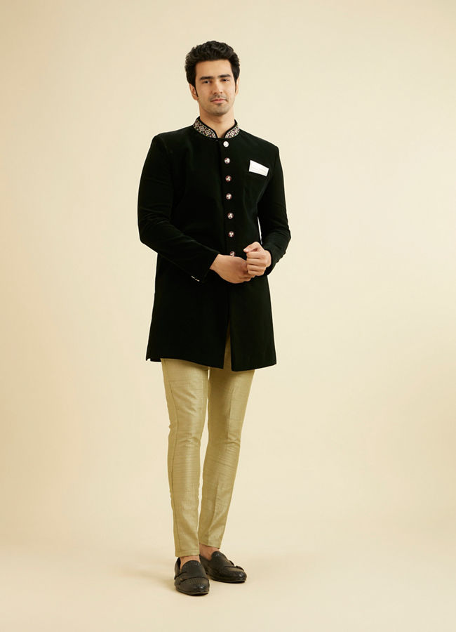 Manyavar Men Bottle Green Velvet Indo Western