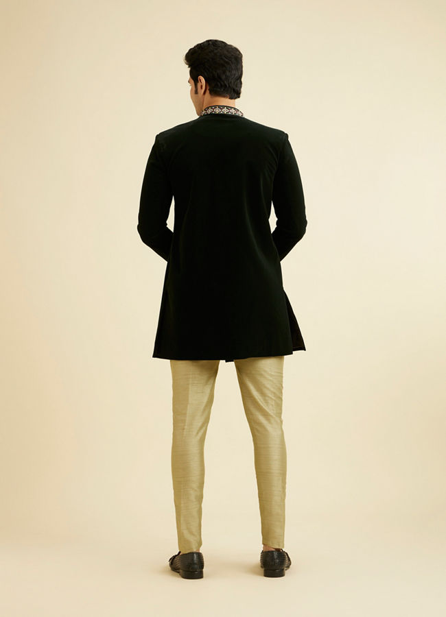 Manyavar Men Bottle Green Velvet Indo Western