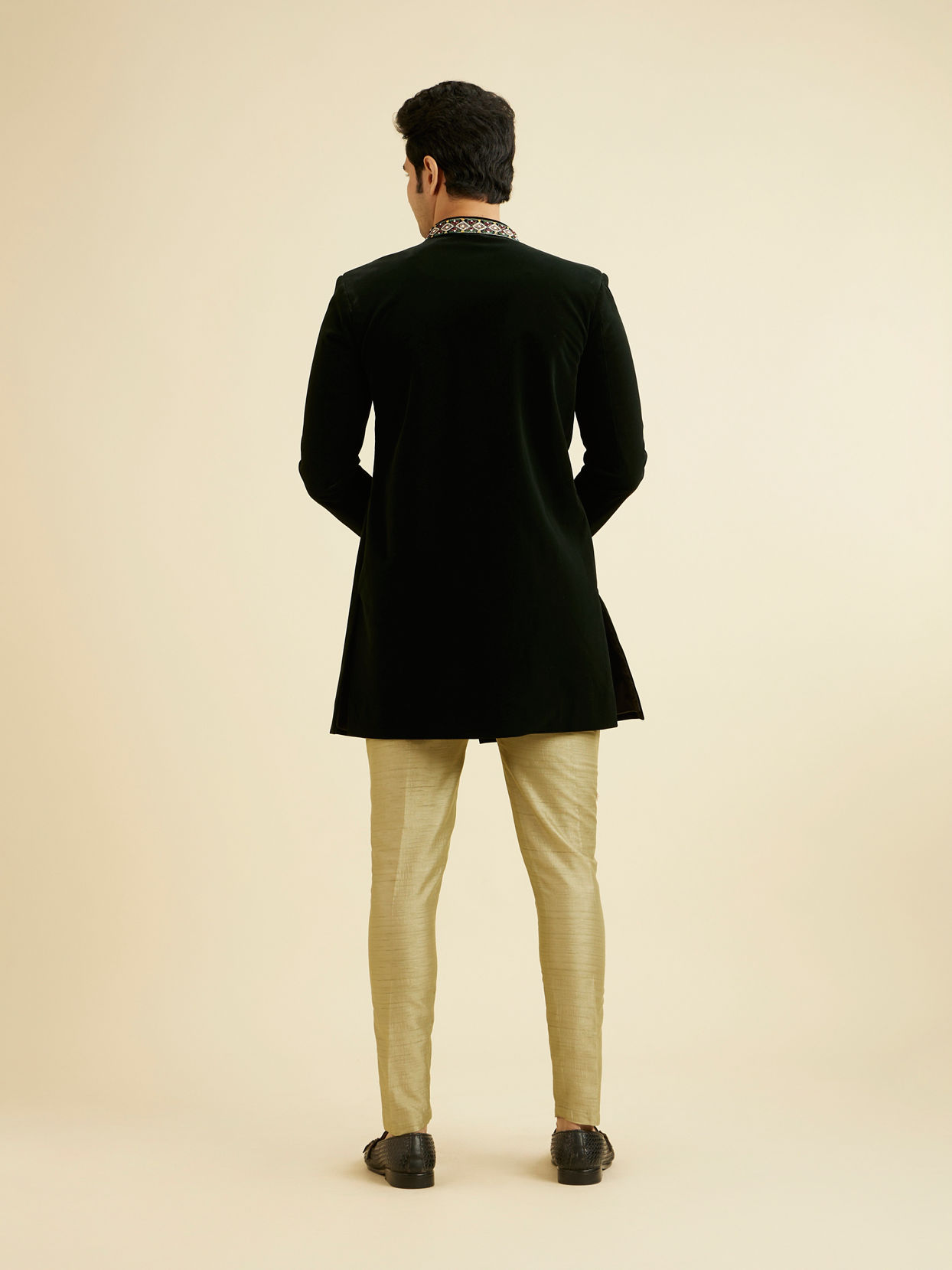 Manyavar Men Bottle Green Velvet Indo Western