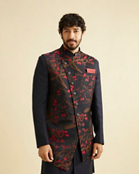 Manyavar Men Dark Blue Indo Western With Red Floral Motifs