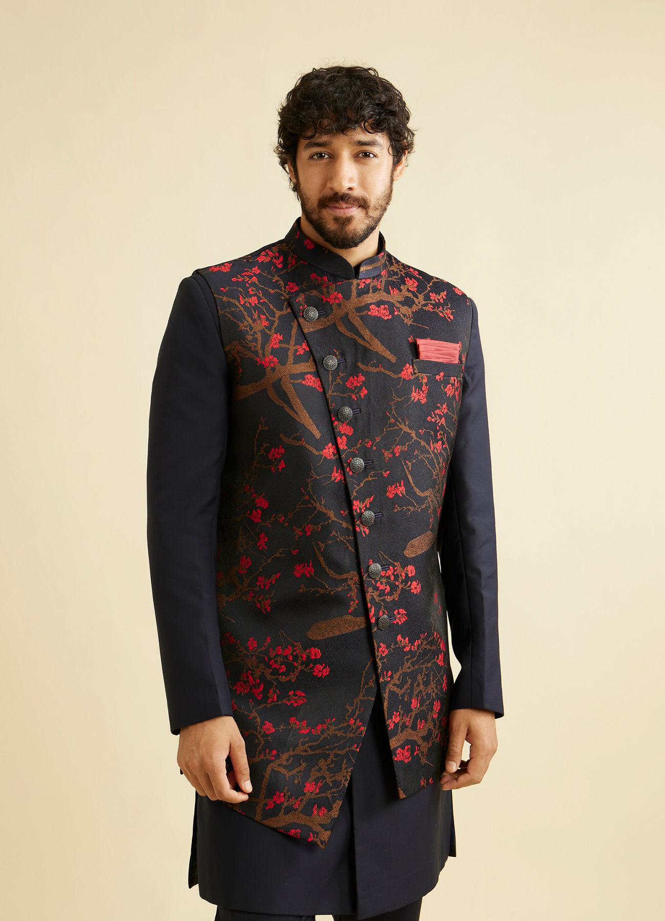 Manyavar Men Dark Blue Indo Western With Red Floral Motifs