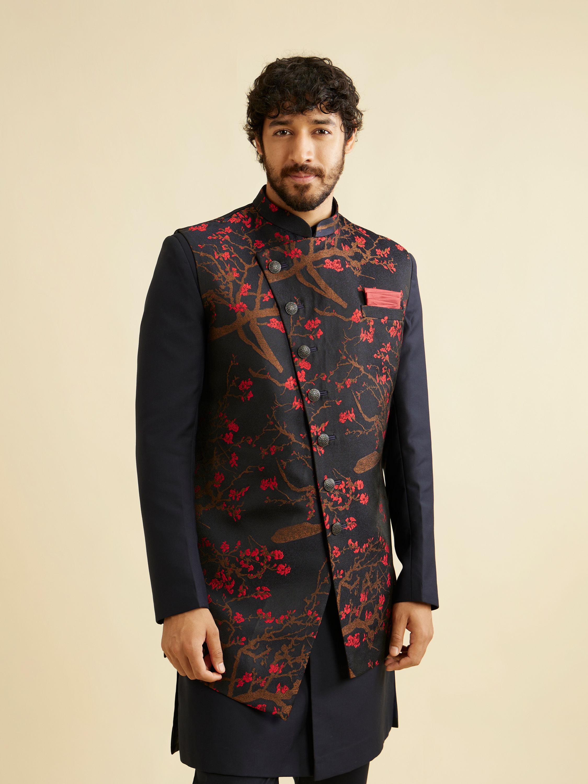 Manyavar Men Dark Blue Indo Western With Red Floral Motifs