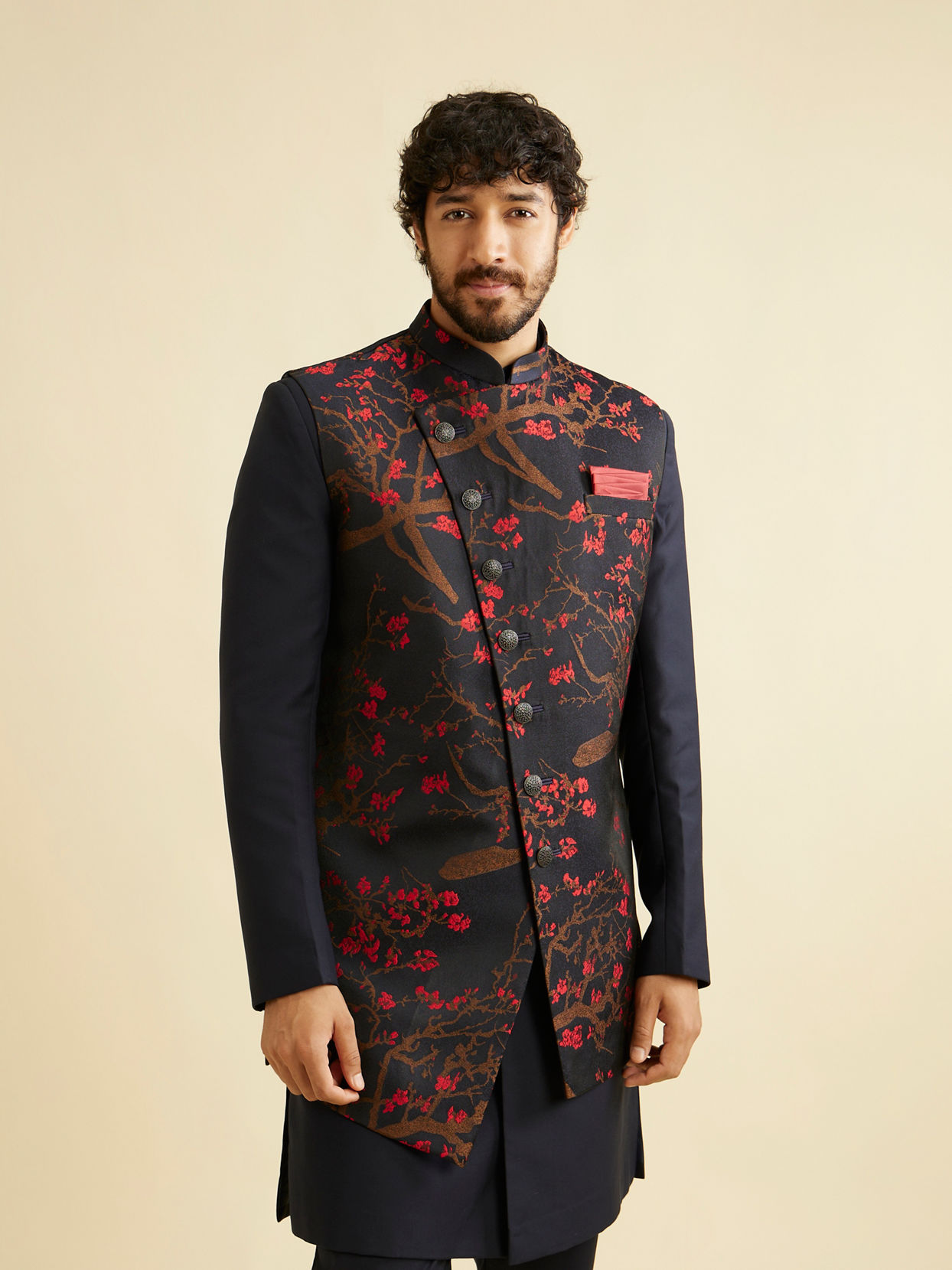 Manyavar Men Dark Blue Indo Western With Red Floral Motifs