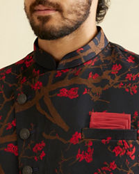 Manyavar Men Dark Blue Indo Western With Red Floral Motifs