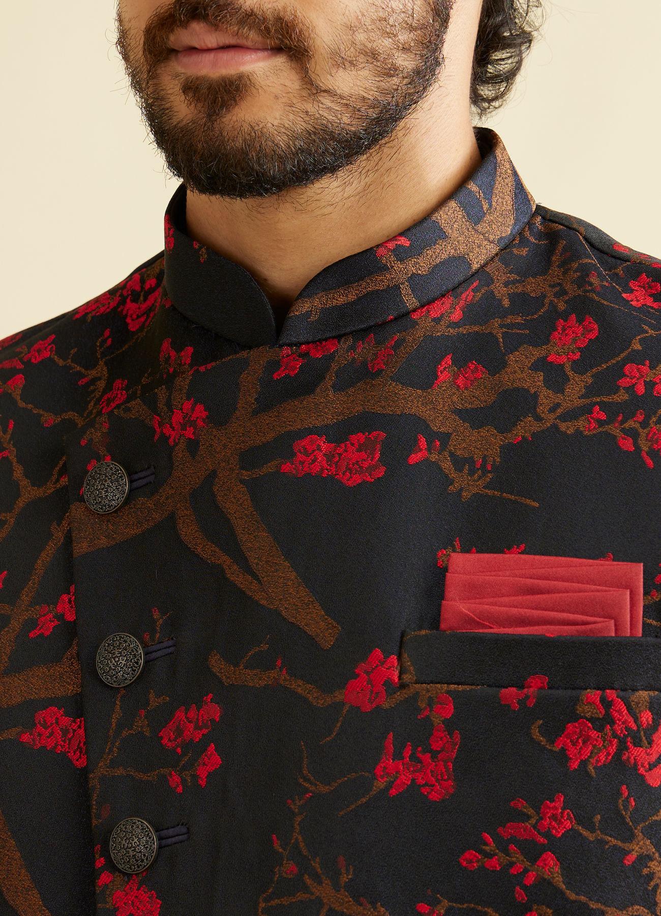 Manyavar Men Dark Blue Indo Western With Red Floral Motifs