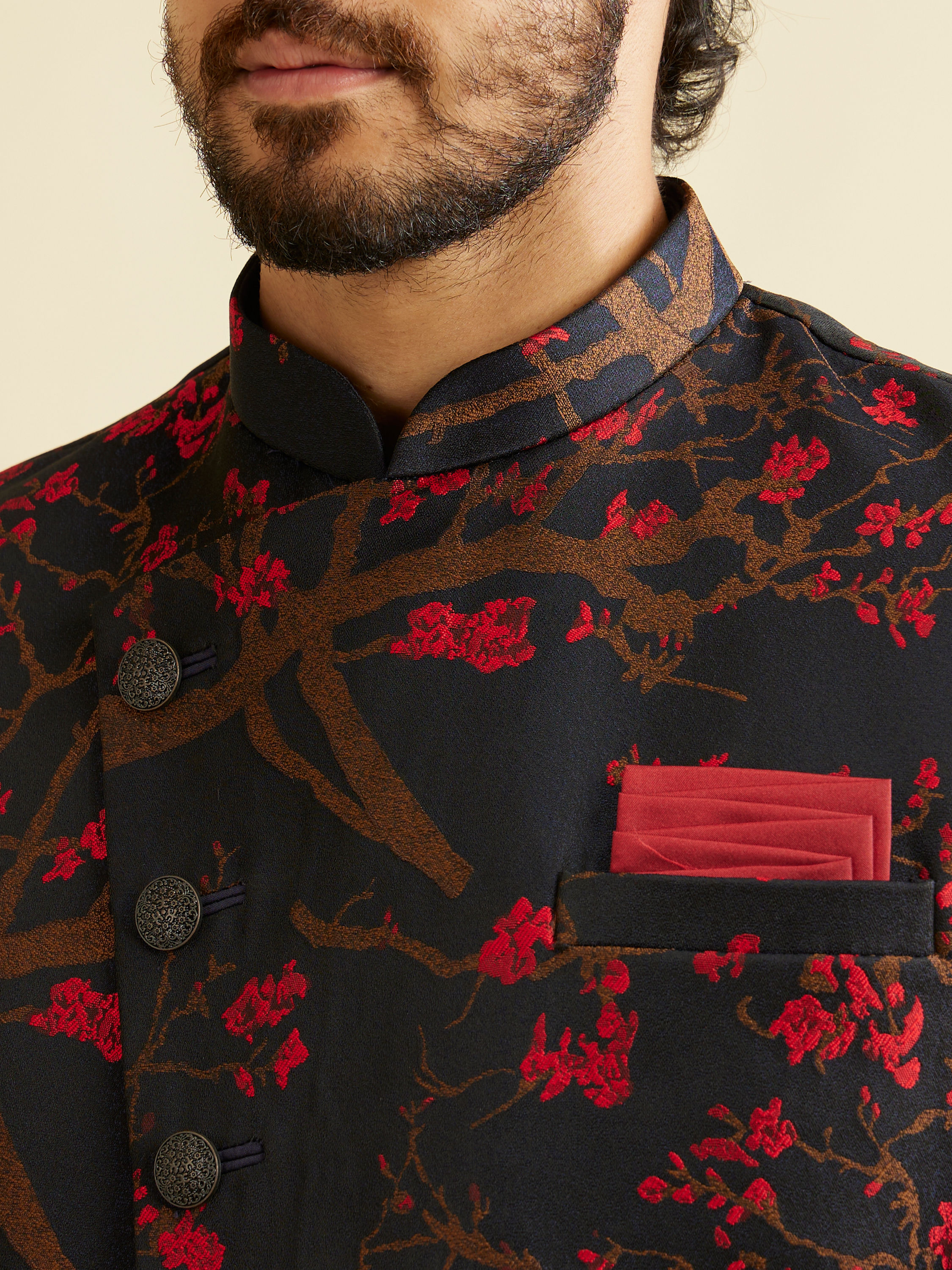 Manyavar Men Dark Blue Indo Western With Red Floral Motifs