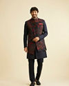 Manyavar Men Dark Blue Indo Western With Red Floral Motifs