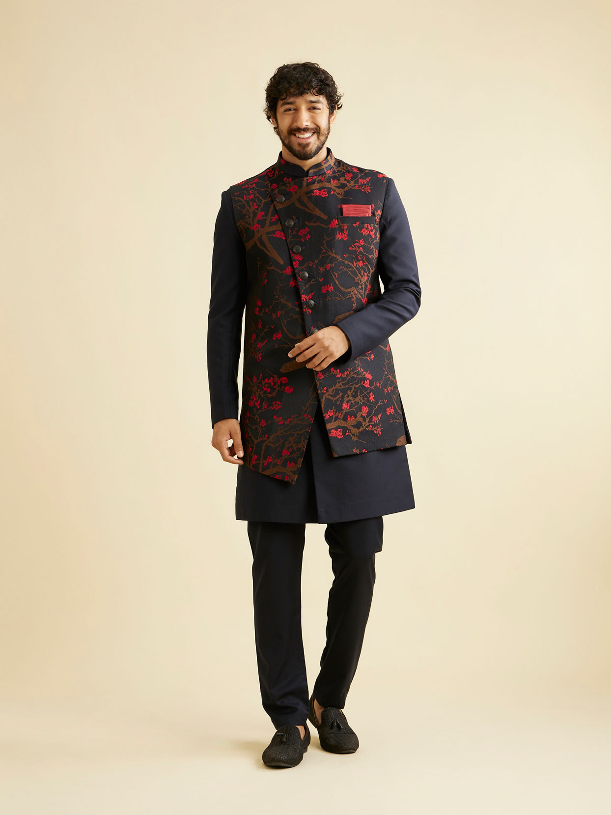 Manyavar Men Dark Blue Indo Western With Red Floral Motifs