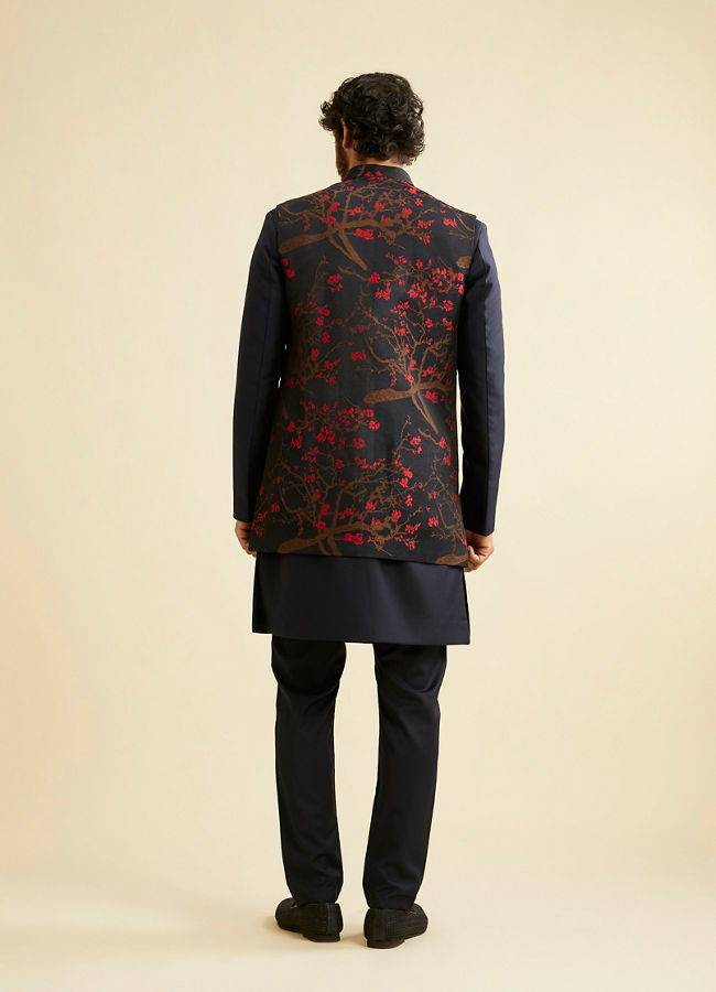 Manyavar Men Dark Blue Indo Western With Red Floral Motifs