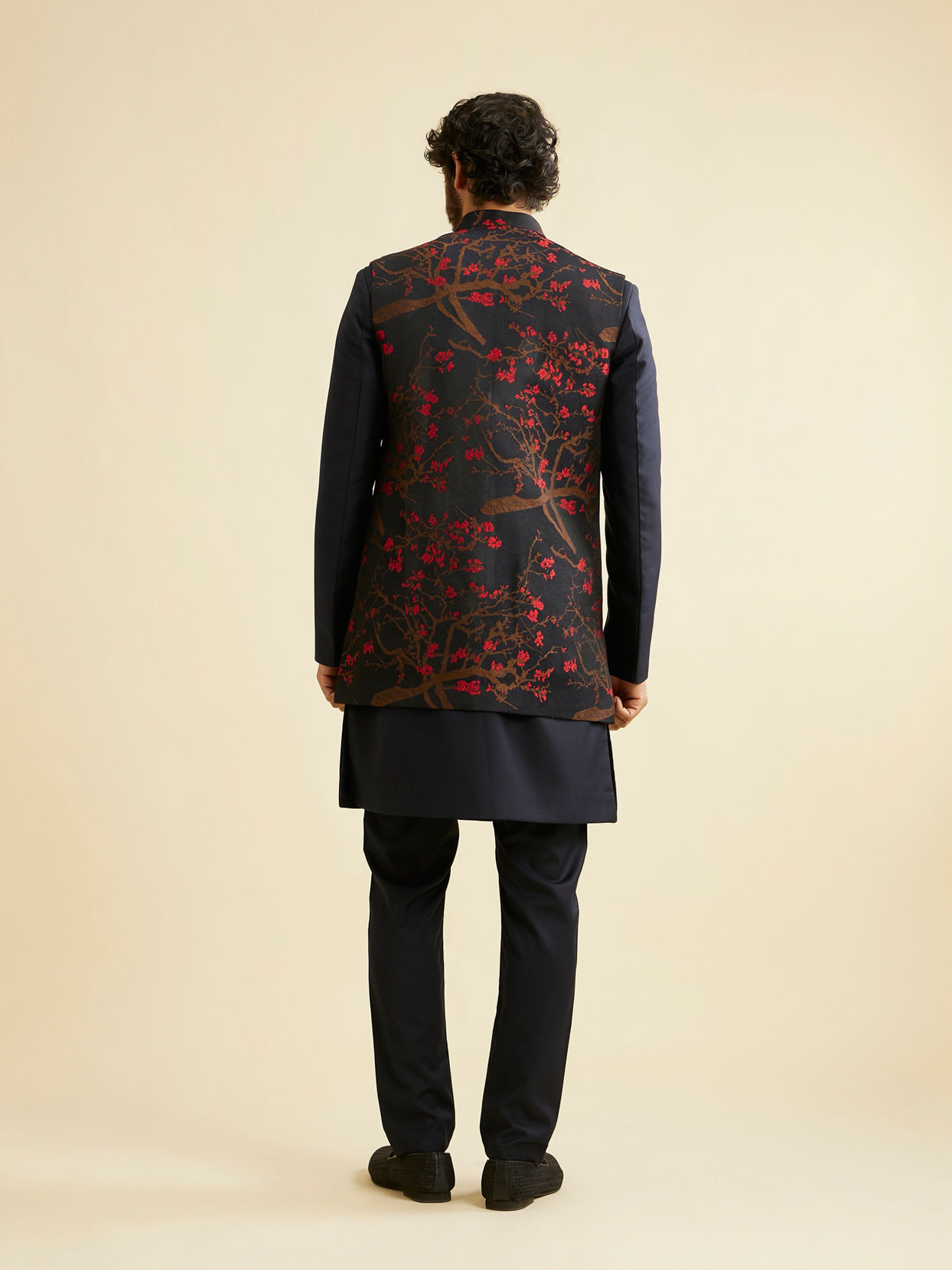 Manyavar Men Dark Blue Indo Western With Red Floral Motifs