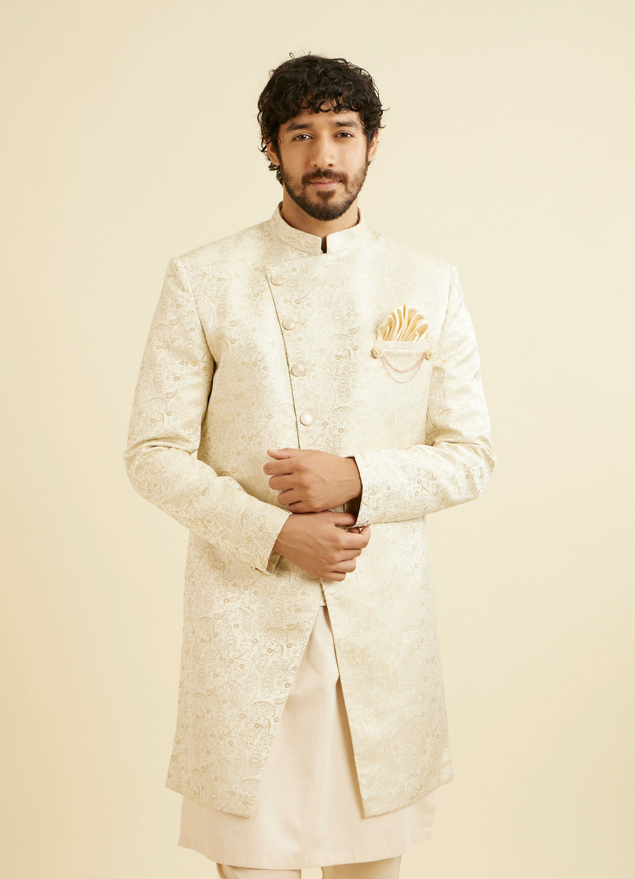 Manyavar Men Light Cream Paisley Indo Western