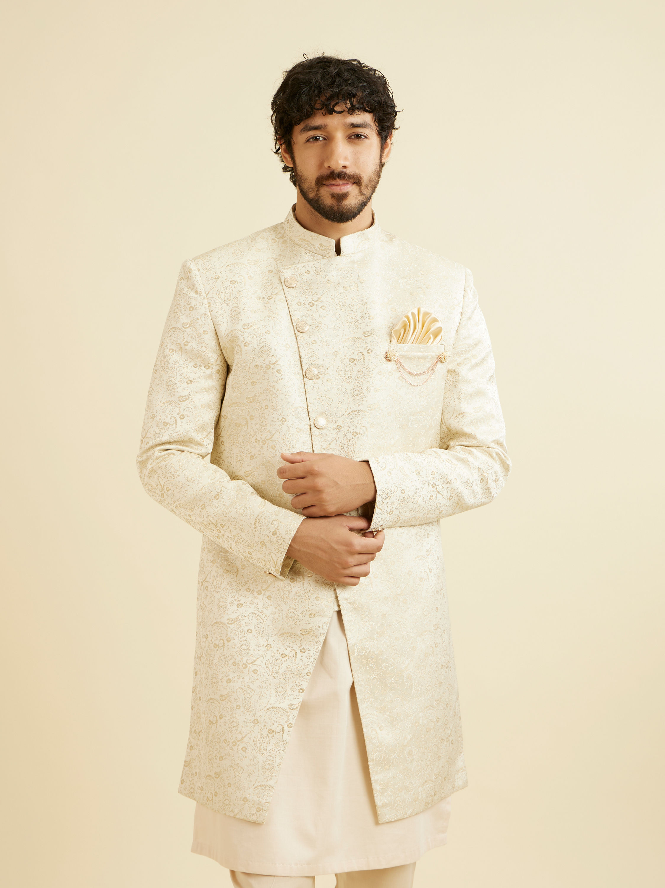 Manyavar Men Light Cream Paisley Indo Western