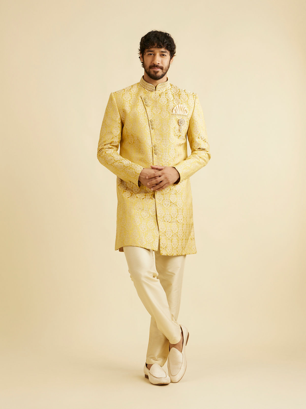 Manyavar Men Bright Yellow Indo Western image number 2