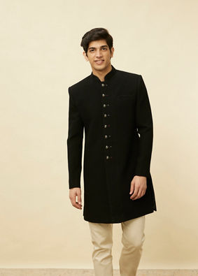 alt message - Manyavar Men Black Solid Indo Western image number 0