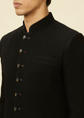 alt message - Manyavar Men Black Solid Indo Western image number 1