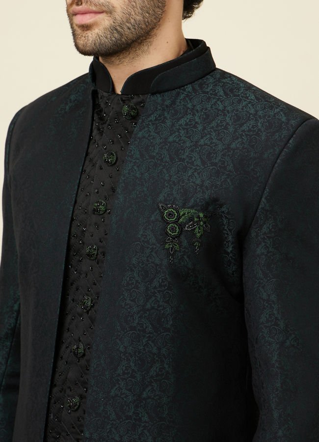 Manyavar Men Forest Green and Black Asymmetric Hem Indo Western Set
