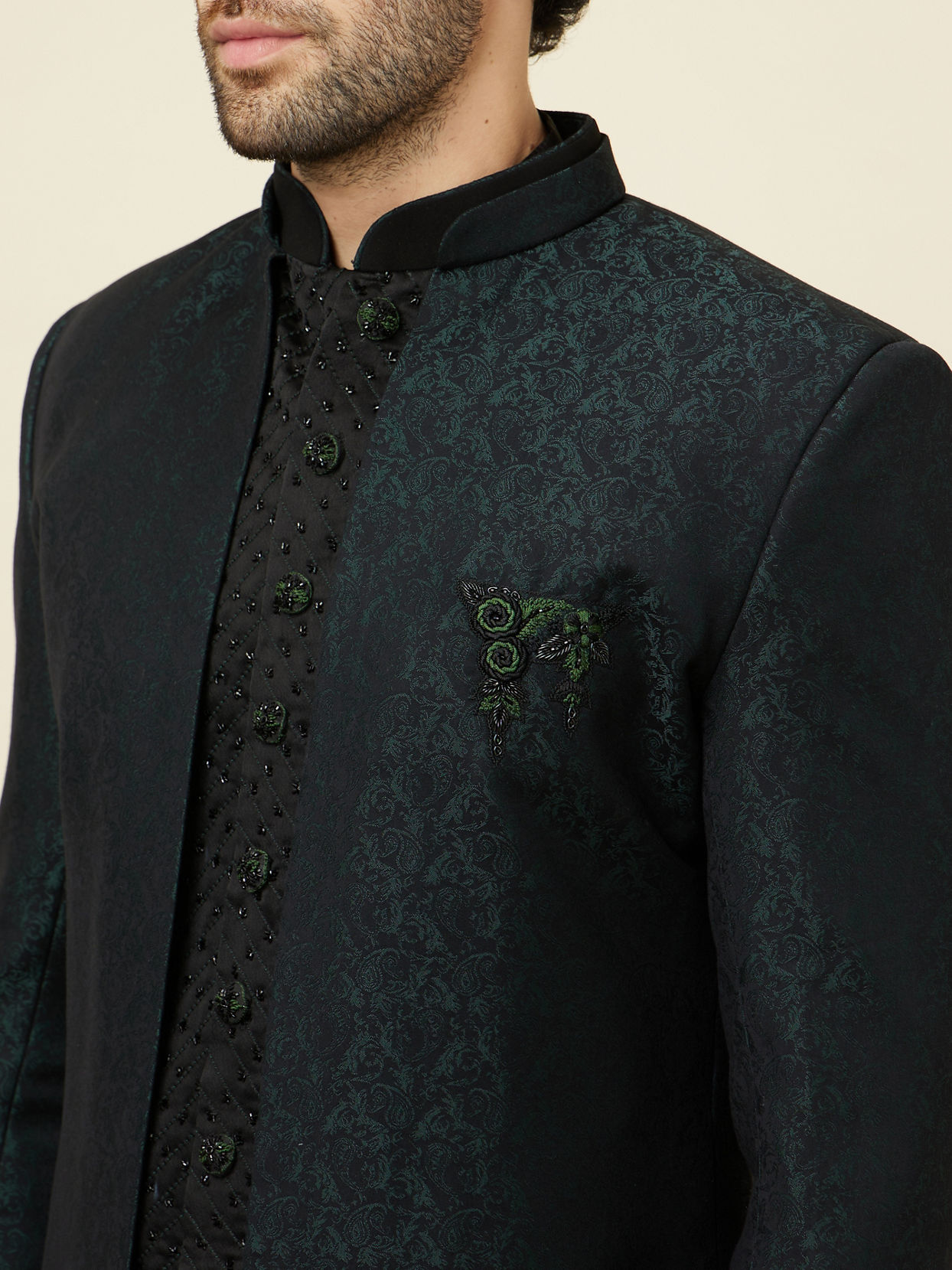 Manyavar Men Forest Green and Black Asymmetric Hem Indo Western Set