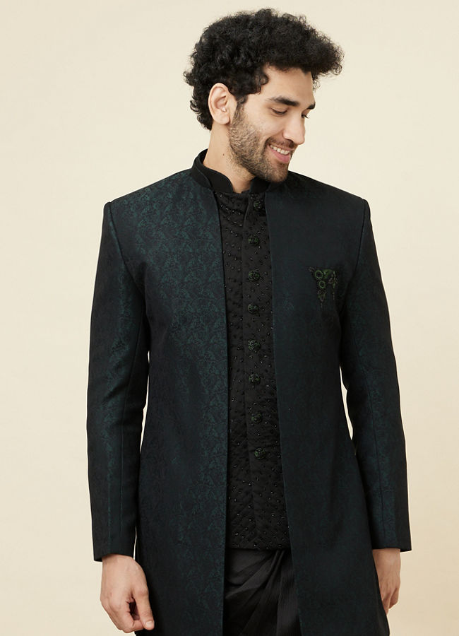 alt message - Manyavar Men Forest Green and Black Asymmetric Hem Indo-Western Set image number 0